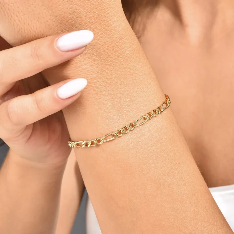 Real Gold Dainty Bracelet, 14K Solid Gold Figaro Chain Bracelet,3.5mm Italian Figaro Chain Link, Gold Figaro Chain for Women & Men