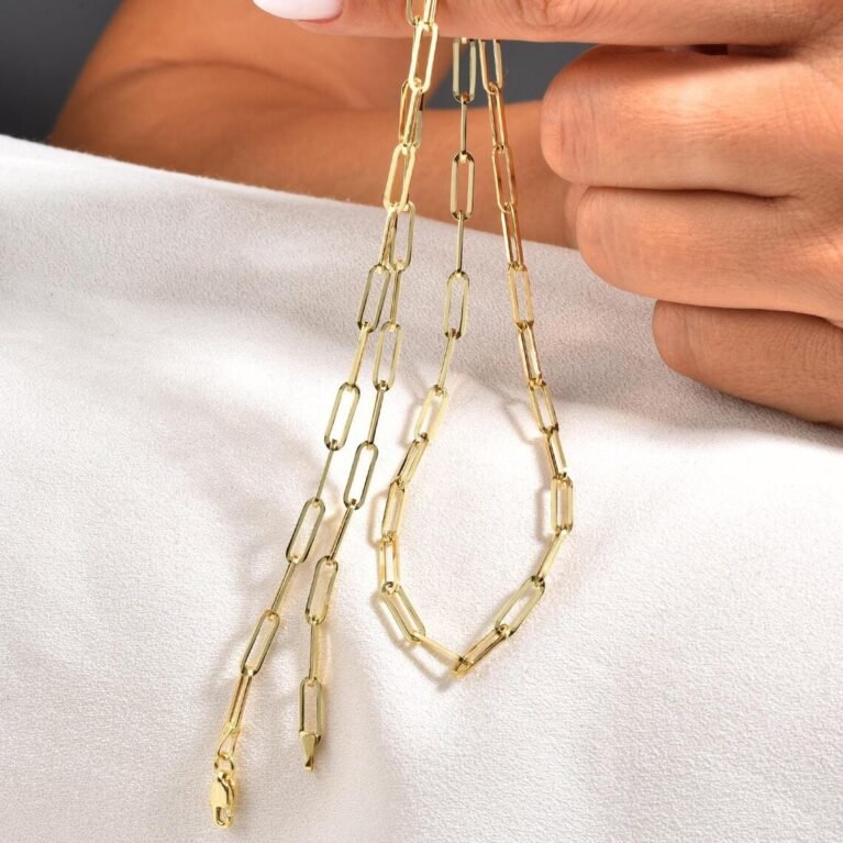 14K Yellow Gold Paperclip Chain Necklace, 3mm Thick, Real Gold Chain, Rectangle Link Chain, Long Link Chain, Figaro Chain for Women &Men