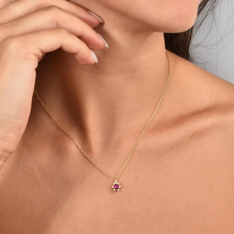 14K Diamond Ruby Necklace - Round Cut Ruby Pendant