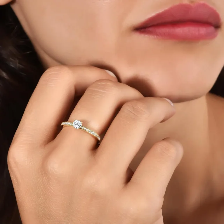 Diamond Engagement Ring / 14k Solid Gold Minimalist Solitaire Ring for Women / Half Eternity Band Ring / Ladies 0.35ctw Diamond Promise Ring