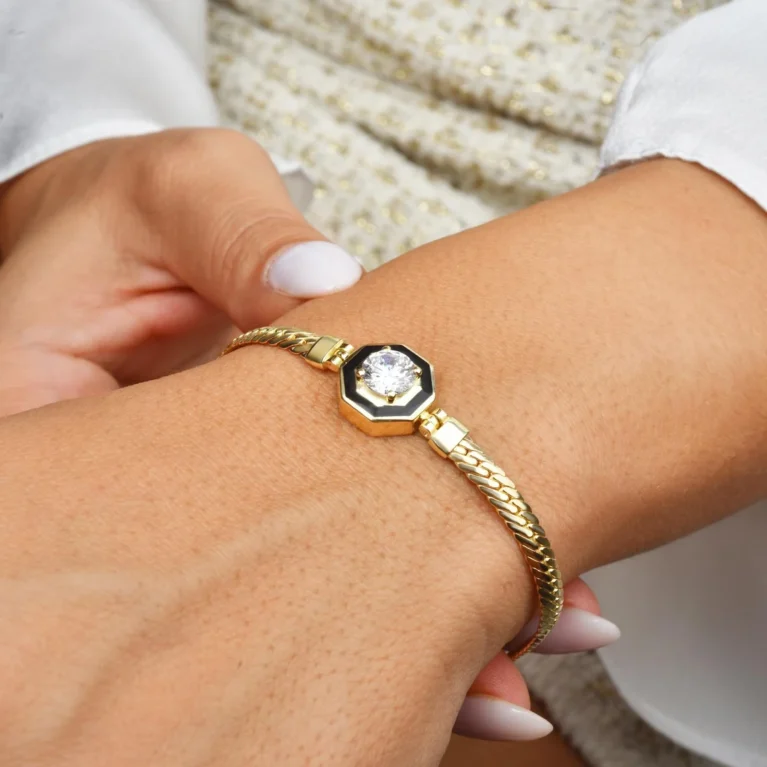 14K Gold Herringbone Solitaire Bracelet, Herringbone Solitaire Bracelet for Women