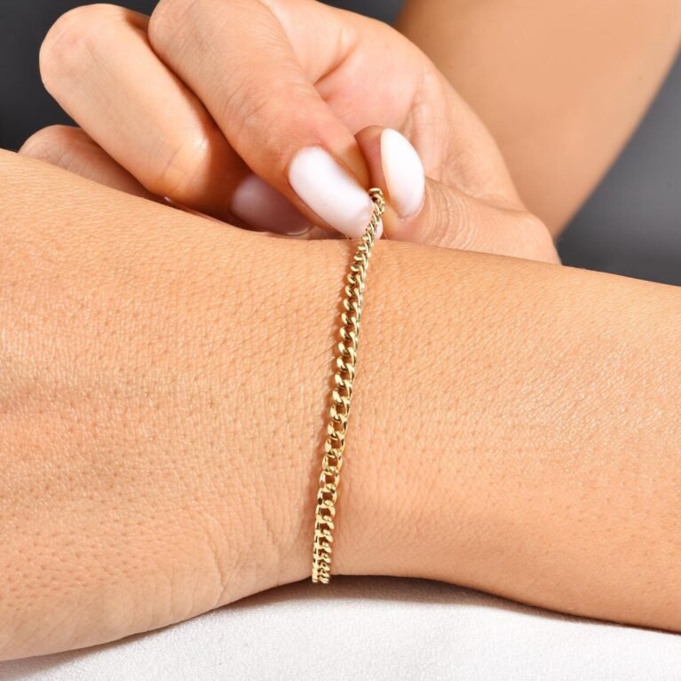14K Gold 2.55mm Curb Unisex Cuban Link Chain Herringbone Braided Bracelet For Woman and Men