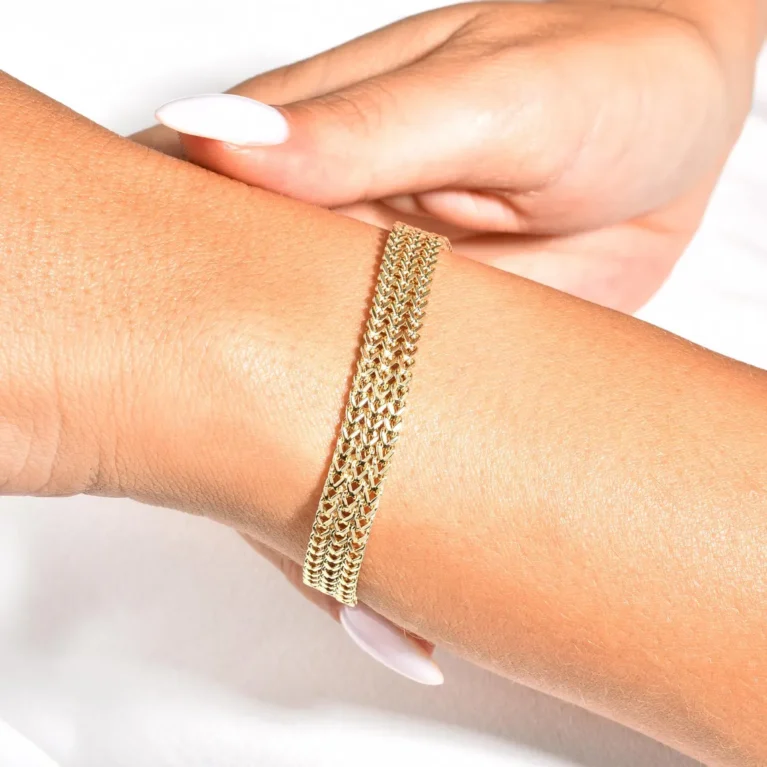 14k Gold 3 Strands Foxtail Chain Bracelet w Sailor Clasp 7mm
