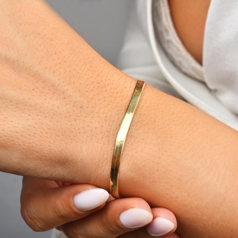 14K Gold Herringbone Bracelet, Womens Chain Bracelet