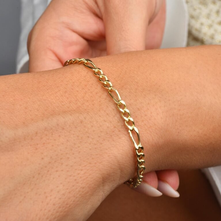 14K Solid Gold Figaro Chain Bracelet,3.5mm Italian Figaro Chain Link, Real Gold Dainty Bracelet, Gold Figaro Chain for Women & Men