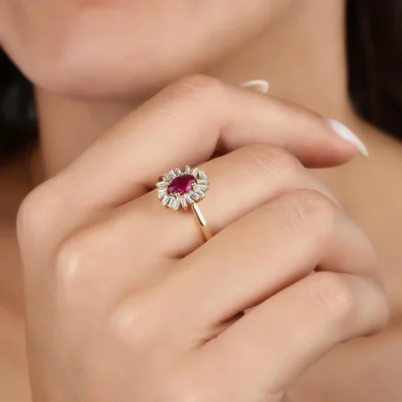 14K Solid Gold Emerald and Pave Ruby Baguette Ring / Dainty Thin Emerald Ring / Real Diamond Engagement or Promise Ring / Minimalist Band