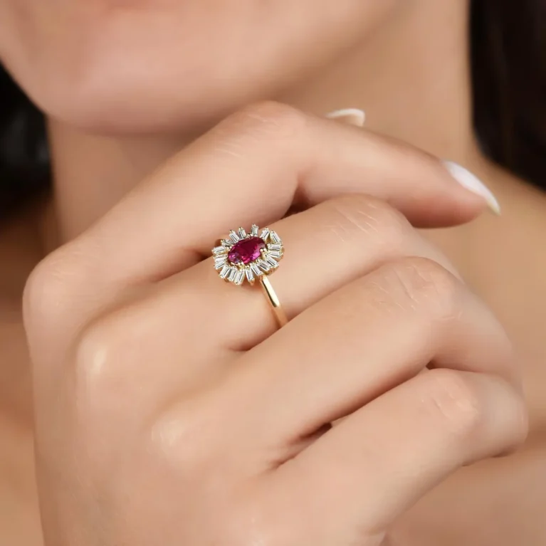 14K Solid Gold Emerald and Pave Ruby Baguette Ring / Dainty Thin Emerald Ring / Real Diamond Engagement or Promise Ring / Minimalist Band
