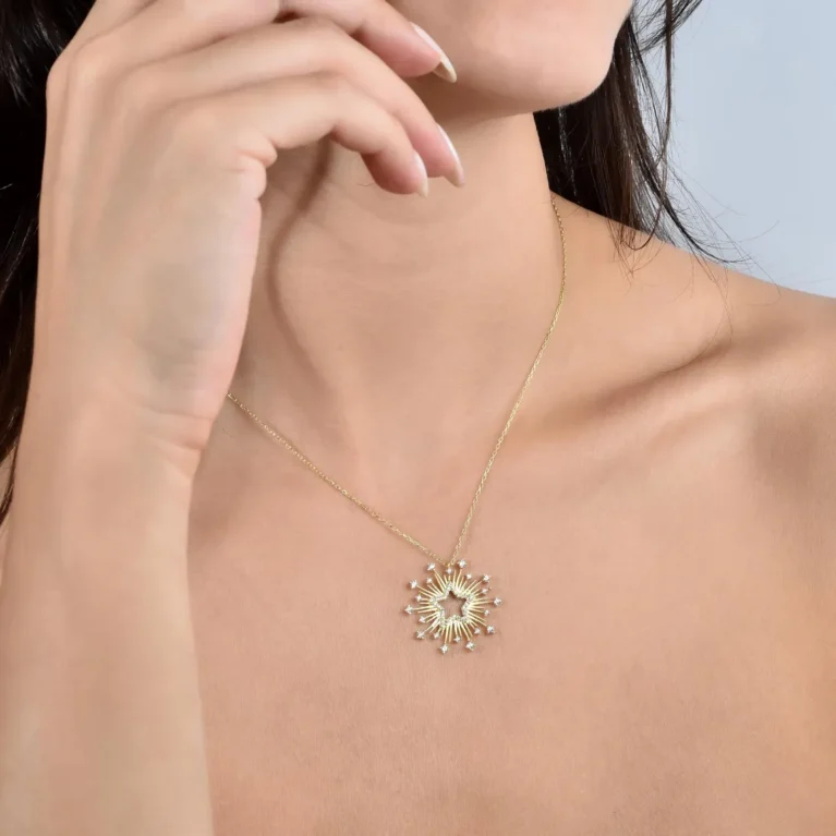 Diamond Sun Necklace | 14k Solid Gold Sun Pendant Necklace | Minimalist Tiny Sun Charm | Diamond Sun Pendant | 14k Gold Sun Necklace for Her