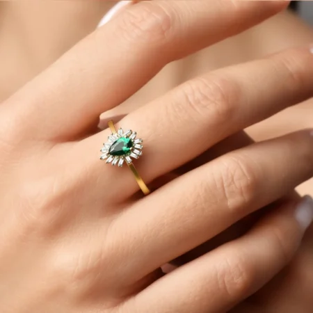 14k Real Solid Gold Emerald and Baguette Ring
