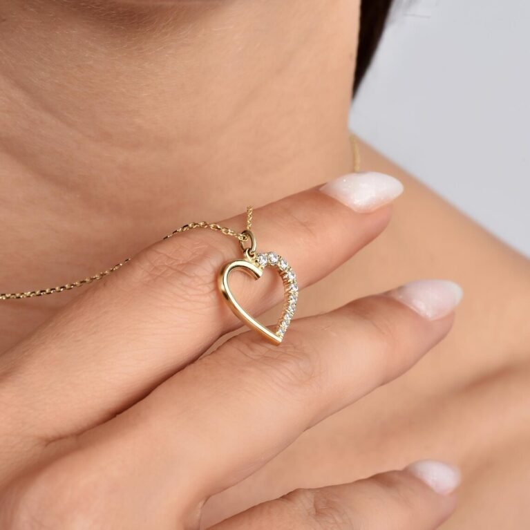 Tiny Heart Necklace in 14K Real Gold – 14K Gold Open Heart Pendant with Real Diamonds, Elegant Jewelry for Women