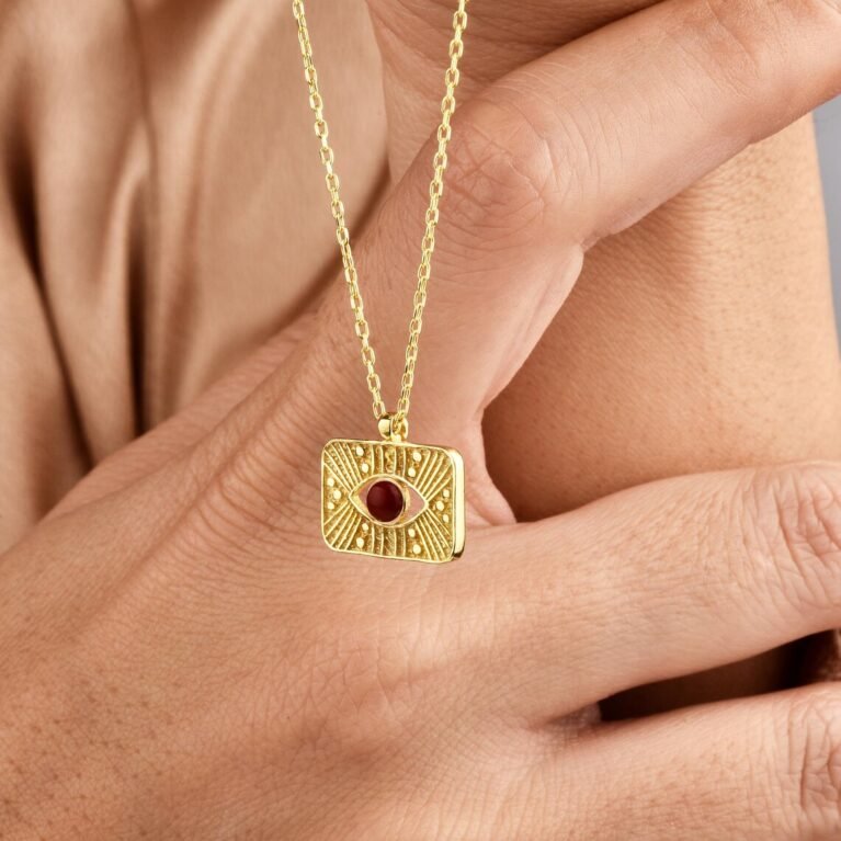 Evil Eye Necklace in 14K Real Gold – Enamel Textured Gold Pendant, Elegant Stylish Jewelry for Women
