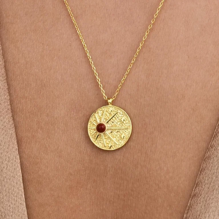 Textured Drop Pendant Necklace in 14K Real Gold – Teardrop Sun Medallion, Tiny Gold Charm, Minimalist Sunshine Jewelry
