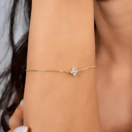 Diamond Clover Chain Bracelet with 14K Solid Gold, Diamond Cluster Bracelet, Diamond Flower Bracelet, 14K Real Solid Gold, Clover Chain
