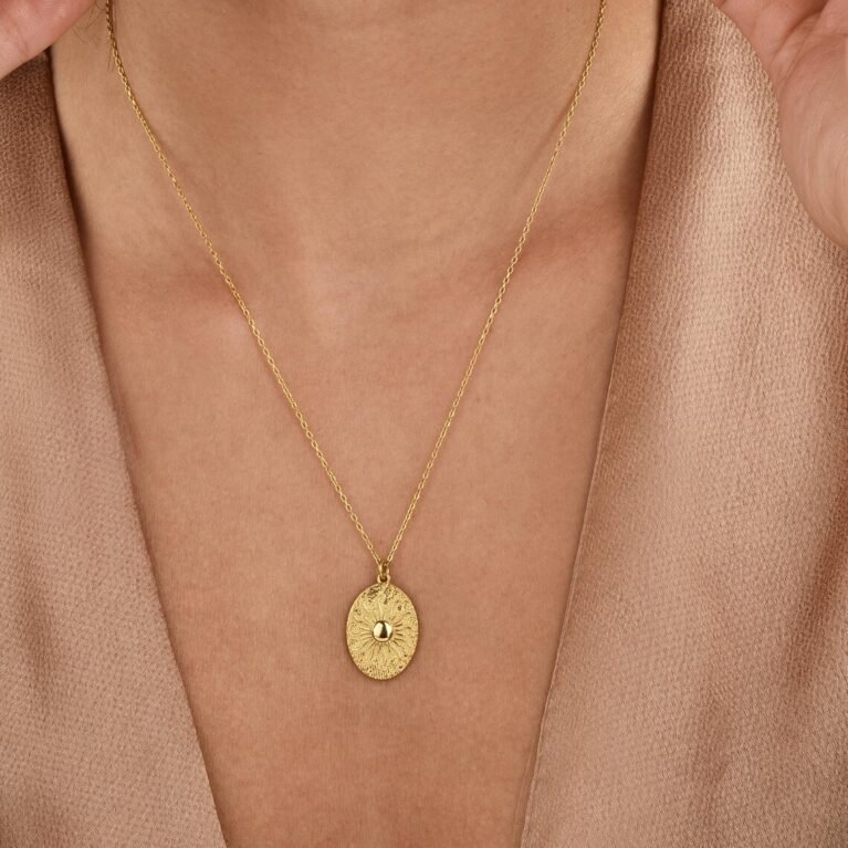 Solar Medallion Necklace in 14K Solid Gold – Handmade Sun Talisman, Radiant Energy Symbol, Timeless Mythology-Inspired Jewelry- Gift for Her