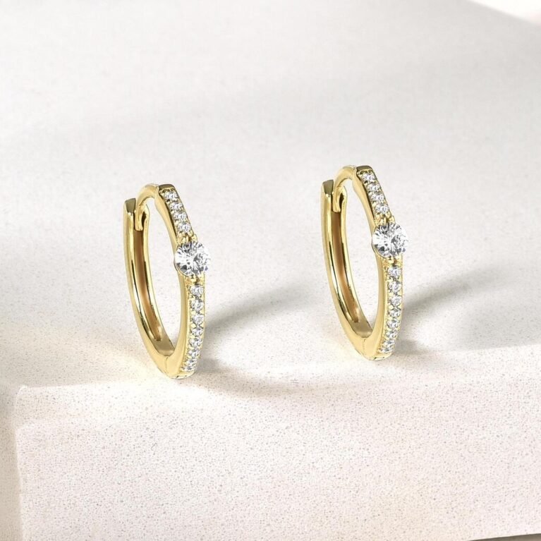 Diamond Huggie Earrings in Real 14K Solid Gold – Small Dainty Gold Hoops, Prong Setting, Available in White, Rose & Yellow Gold,Gift for Her