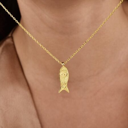Evil Eye Fish Pendant Necklace in 14K Gold – Handcrafted Lucky Fish Jewelry, Unique Textured Gold Necklace for Women