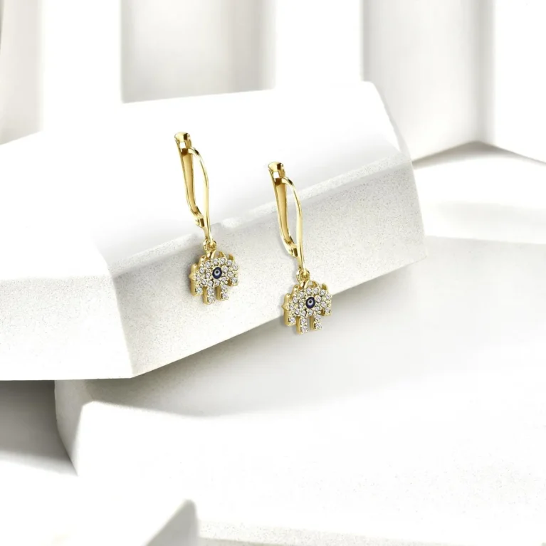 Evil Eye Dangle Hoop Earrings in Real 14K Solid Gold – Mini Diamond Lucky Eye, Small Diamond Evil Eye Earrings, Best Gift