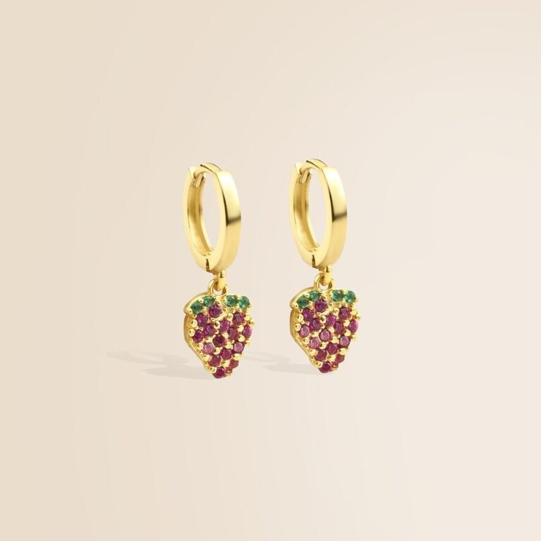 Strawberry Huggie Hoop Earrings-14K Solid Gold