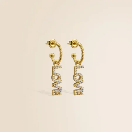 Twisted Hoop Earrings with LOVE Charm in 14K Gold – Dainty Diamond Huggie Hoops, Elegant Minimalist Earrings