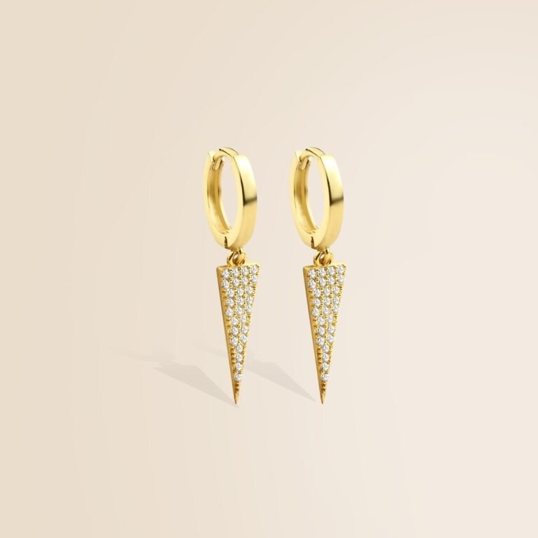 Diamond Paved Triangle Dangle Earrings in 14K Gold – Minimalist Handmade Jewelry, Elegant Luxury Gift