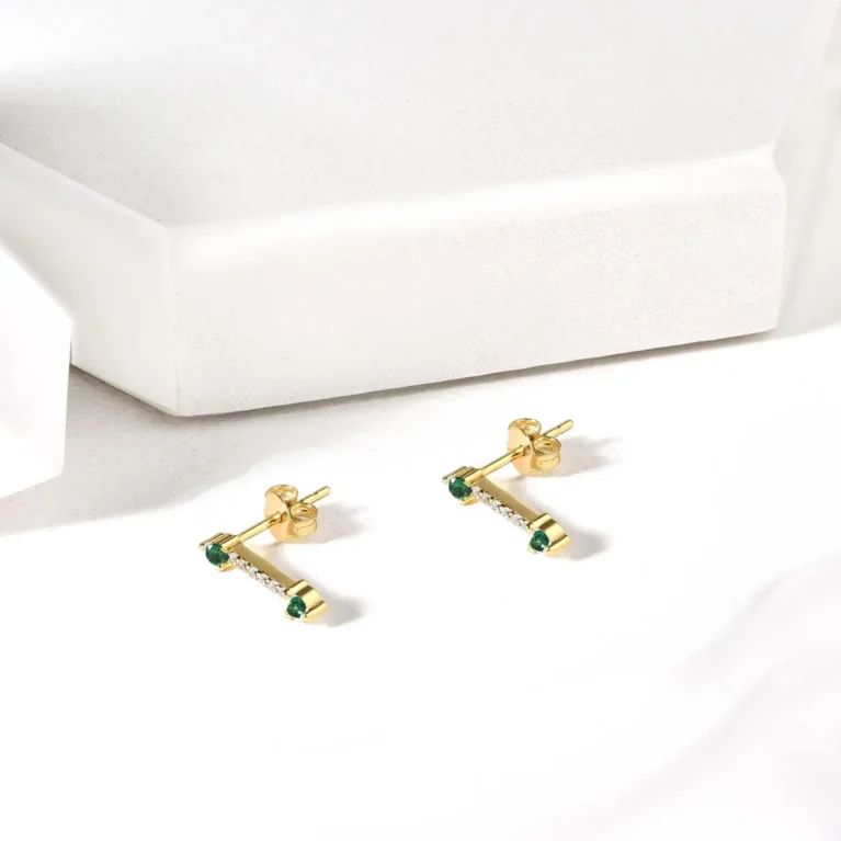 Real Diamond Stud Earrings with Round Emeralds in 14K Solid Gold, Tiny Diamond Bar Earring, Emerald Studs for Women, Dainty Diamond Emerald