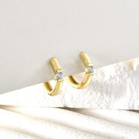 Single (Half Pair) Earring in 14K Real Gold–Diamond Front/Back Hoop for Women,Available in White, Yellow, and Rose Gold
