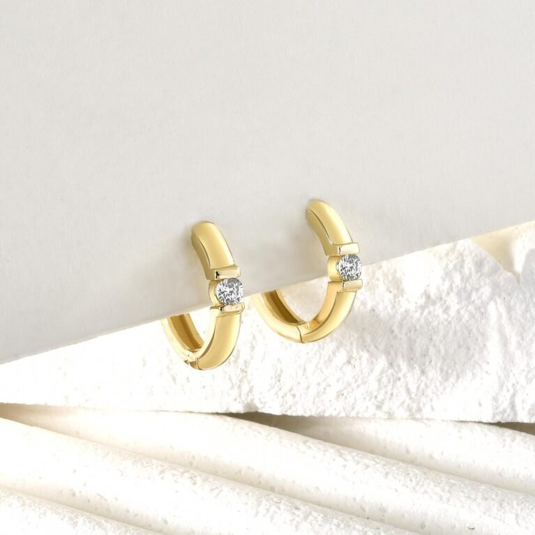 Single (Half Pair) Earring in 14K Real Gold–Diamond Front/Back Hoop for Women,Available in White, Yellow, and Rose Gold