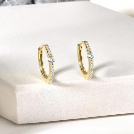 Diamond Huggie Hoops in Real 14K Gold – Shared Prong Diamond Hoops, Small Diamond Earrings, Last Minute Gift Idea