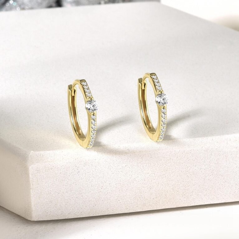 Diamond Huggie Hoops in Real 14K Gold – Shared Prong Diamond Hoops, Small Diamond Earrings, Last Minute Gift Idea