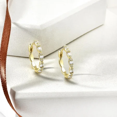 Small Hoop Earrings in Real 14K Gold – Baguette and Round Natural Diamond Earrings, Three Stone Diamond Earrings, Perfect Gift for Women
