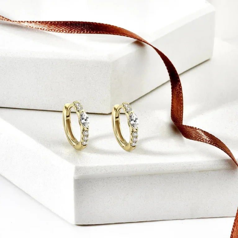 Marquise Diamond Hoop Earrings in Real 14K Gold – Single Bezel-Set Marquise Diamond Mini Hoops, Diamond Huggies, Gift for Mom