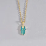 Blue Hamsa Necklace in 14K Real Gold– Diamond Hamsa Pendant, Evil Eye Protection, Minimalist Spiritual Jewelry, Puffed Dimensional Hamsa