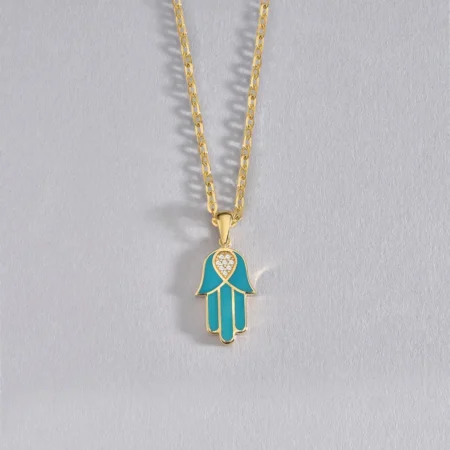 Blue Hamsa Necklace in 14K Real Gold– Diamond Hamsa Pendant, Evil Eye Protection, Minimalist Spiritual Jewelry, Puffed Dimensional Hamsa