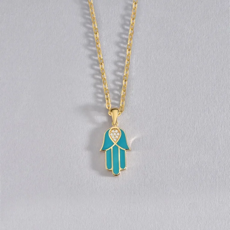 Blue Hamsa Necklace in 14K Real Gold– Diamond Hamsa Pendant, Evil Eye Protection, Minimalist Spiritual Jewelry, Puffed Dimensional Hamsa