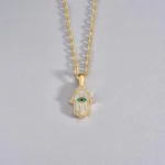 Hamsa Necklace in 14K Real Gold– Diamond Hamsa Pendant, Evil Eye Protection, Minimalist Spiritual Jewelry, Puffed Dimensional Hamsa Pendant