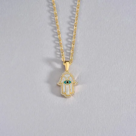 Hamsa Necklace in 14K Real Gold– Diamond Hamsa Pendant, Evil Eye Protection, Minimalist Spiritual Jewelry, Puffed Dimensional Hamsa Pendant