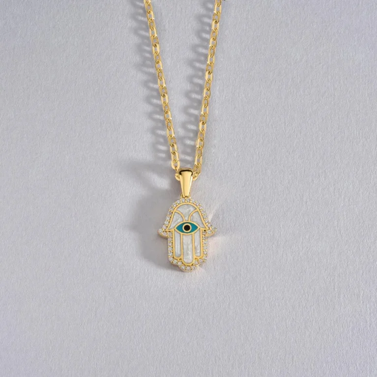 Hamsa Necklace in 14K Real Gold– Diamond Hamsa Pendant, Evil Eye Protection, Minimalist Spiritual Jewelry, Puffed Dimensional Hamsa Pendant