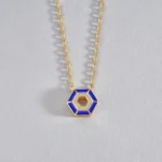 Geometric Hexagon Pendant Necklace in 14K Gold – Navy Enamel & Diamond Accents, Modern Minimalist Jewelry, Unique Gift for Her