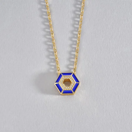 Geometric Hexagon Pendant Necklace in 14K Gold – Navy Enamel & Diamond Accents, Modern Minimalist Jewelry, Unique Gift for Her