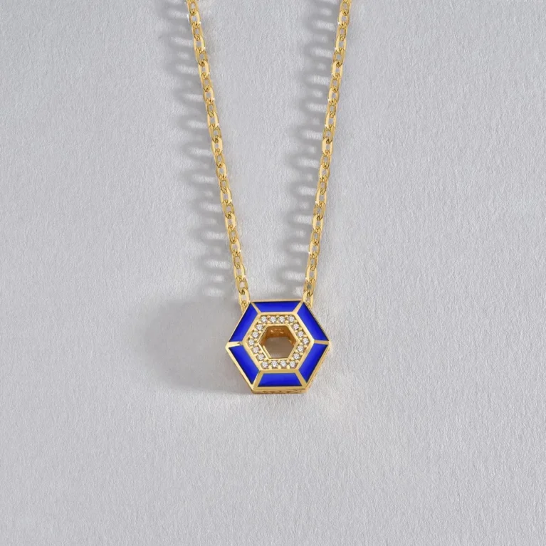 Geometric Hexagon Pendant Necklace in 14K Gold – Navy Enamel & Diamond Accents, Modern Minimalist Jewelry, Unique Gift for Her