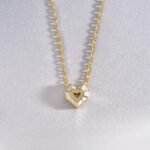 Geometric Heart Pendant Necklace in 14K Gold – White Enamel & Diamond Accents, Modern Luxury Statement, Unique Anniversary