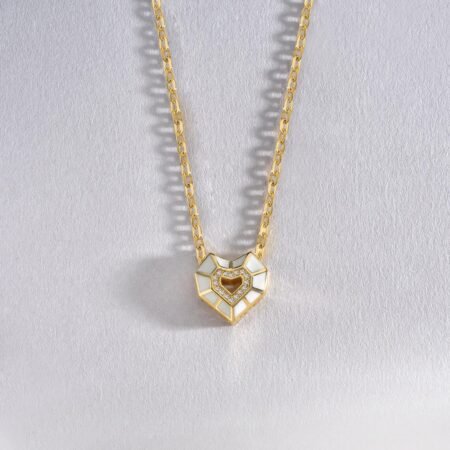 Geometric Heart Pendant Necklace in 14K Gold – White Enamel & Diamond Accents, Modern Luxury Statement, Unique Anniversary