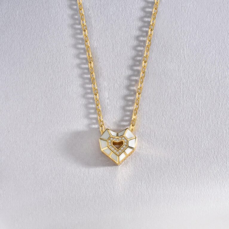 Geometric Heart Pendant Necklace in 14K Gold – White Enamel & Diamond Accents, Modern Luxury Statement, Unique Anniversary